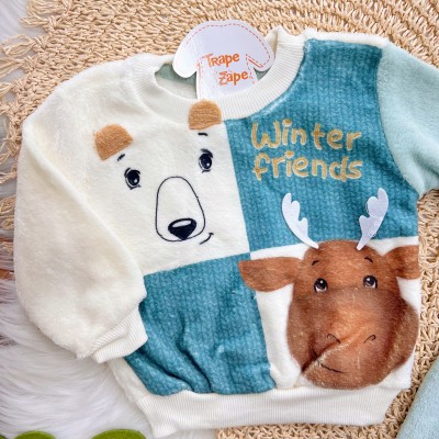 Conj. Casaco Winter Friends e Calça de Pelinho - Verde e Off White